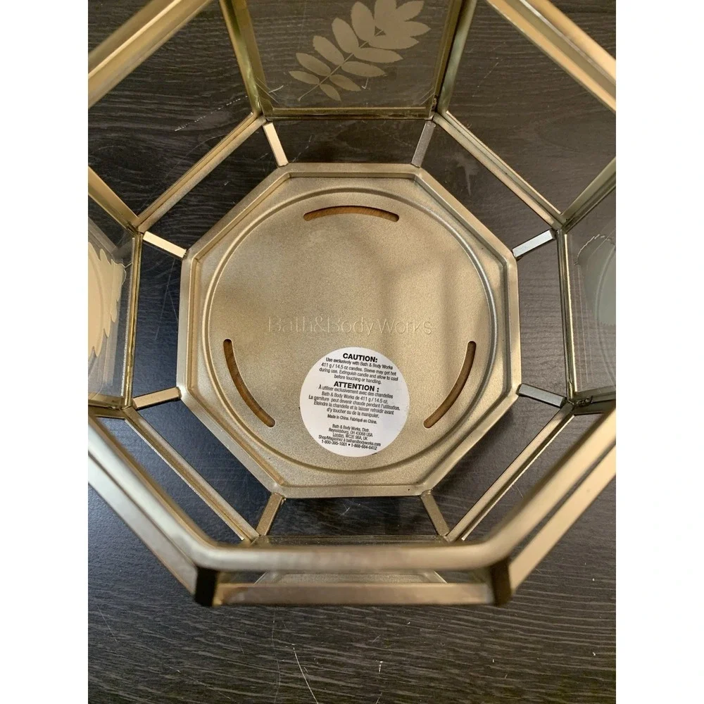 Bath & Body Works Candle Holder Gold Leaves Octagon Shaped Fall Autumn Wood Base - Picture 6 of 10